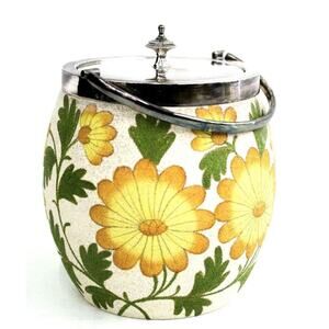 Antique British Biscuit Barrell Yellow Daisy Flower Art Nouveau Silver Lid EUC